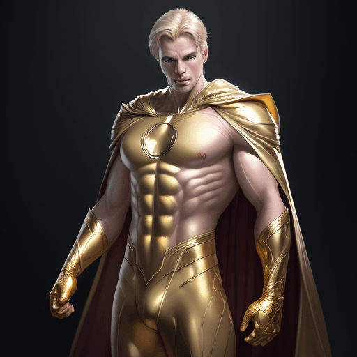 AI generated: male super hero named champion blond hair, no symbol, skin tight gold suit, gold cape, gold gloves, ...
