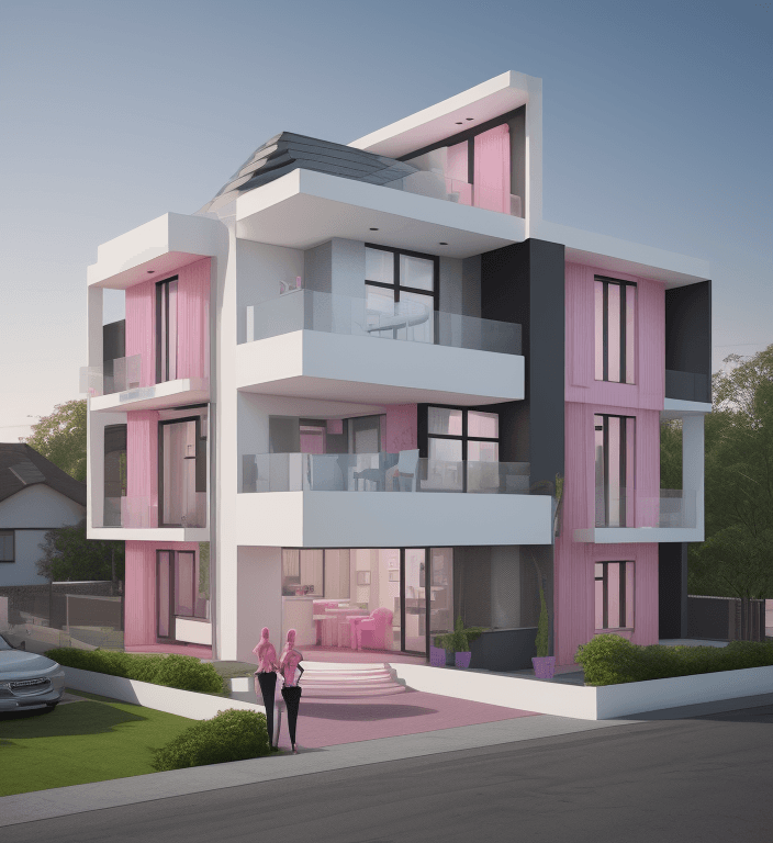 AI generated: architectural render of barbie's semi-detached house, ultra HD 8K ultra realistic and modern, facade...