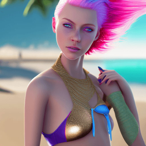 AI generated: perfect smooth skin texture, fashion photography portrait of cute girl with iridescent pink hair, Bl...