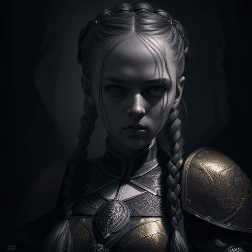AI generated: Slavic girl knight with braids full body, in dynamic, atmosphere of darkness and horror, dramatic li...