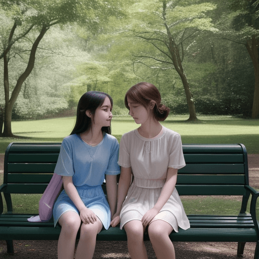 AI generated:  color photo of TWO ethereal auras, showcasing their love, sitting on a bench in front of a marketin...
