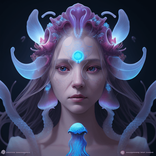 AI generated: Goddess close-up portrait ribcagel. jellyfish phoenix head, nautilus, orchid, skull, betta fish, bio...