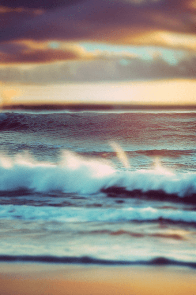 AI generated: waves crashing on the beach at sunset, tilt-shift, golden hour, vibrant colors, kodak ektar 100, fil...