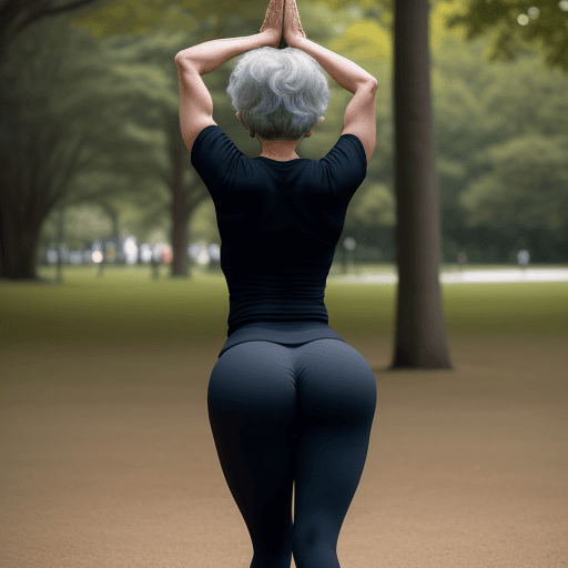 AI generated: A full body 60 year old woman, wearing yoga pants, showing rear to the viewer, in a park, alone, sho...