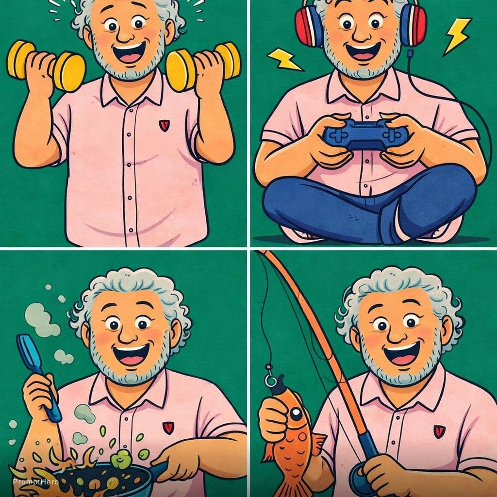 AI generated: illustration, series of simple and colorful, man, exaggerated, against a solid deep green background...