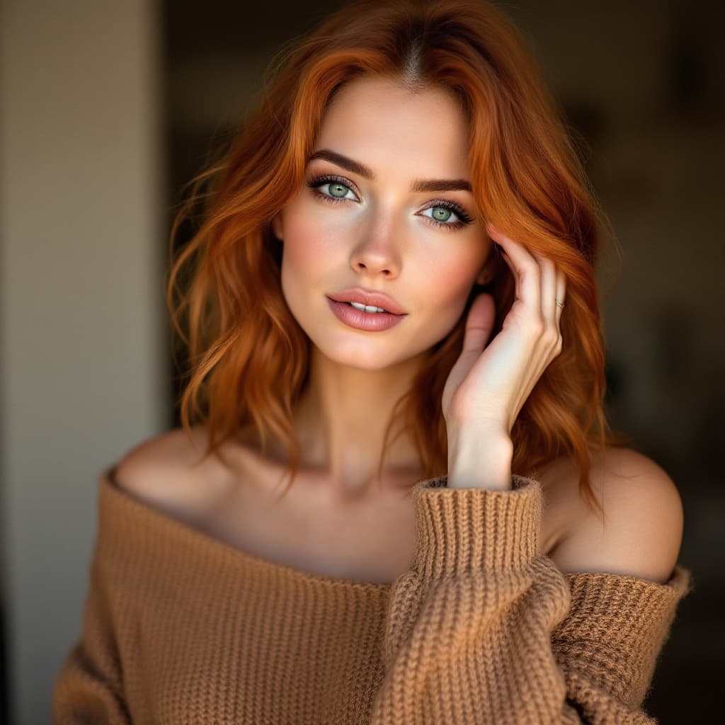 AI generated: A woman with wavy ginger brown hair, green eyes, wearing an off-shoulder oversized brown knit sweate...