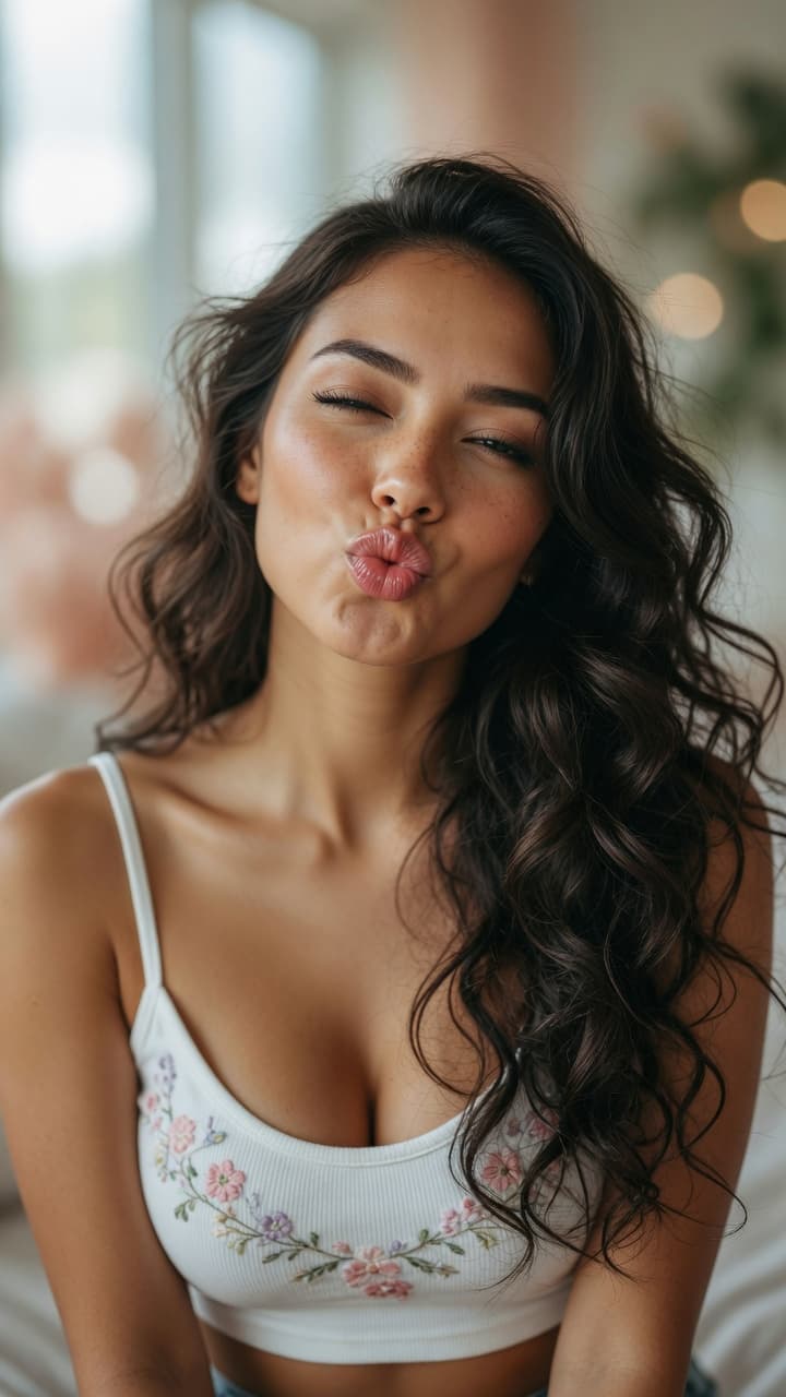 AI generated: Ultra-realistic photography of a beautiful young woman with warm tan skin, long voluminous wavy dark...