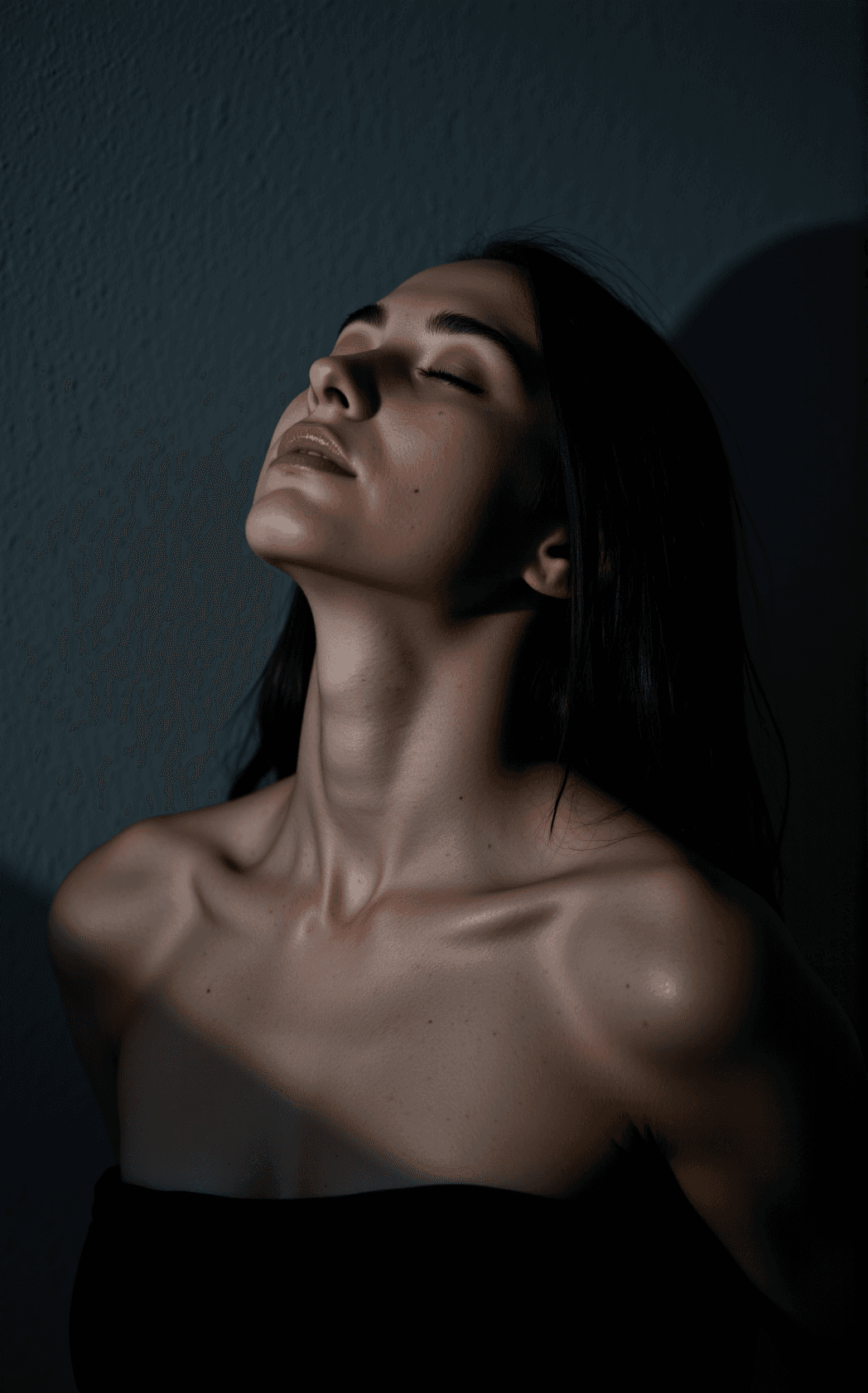 AI generated: cinematic image with dark shadows and high contrast, A high-angle extreme close-up portrait of a fit...