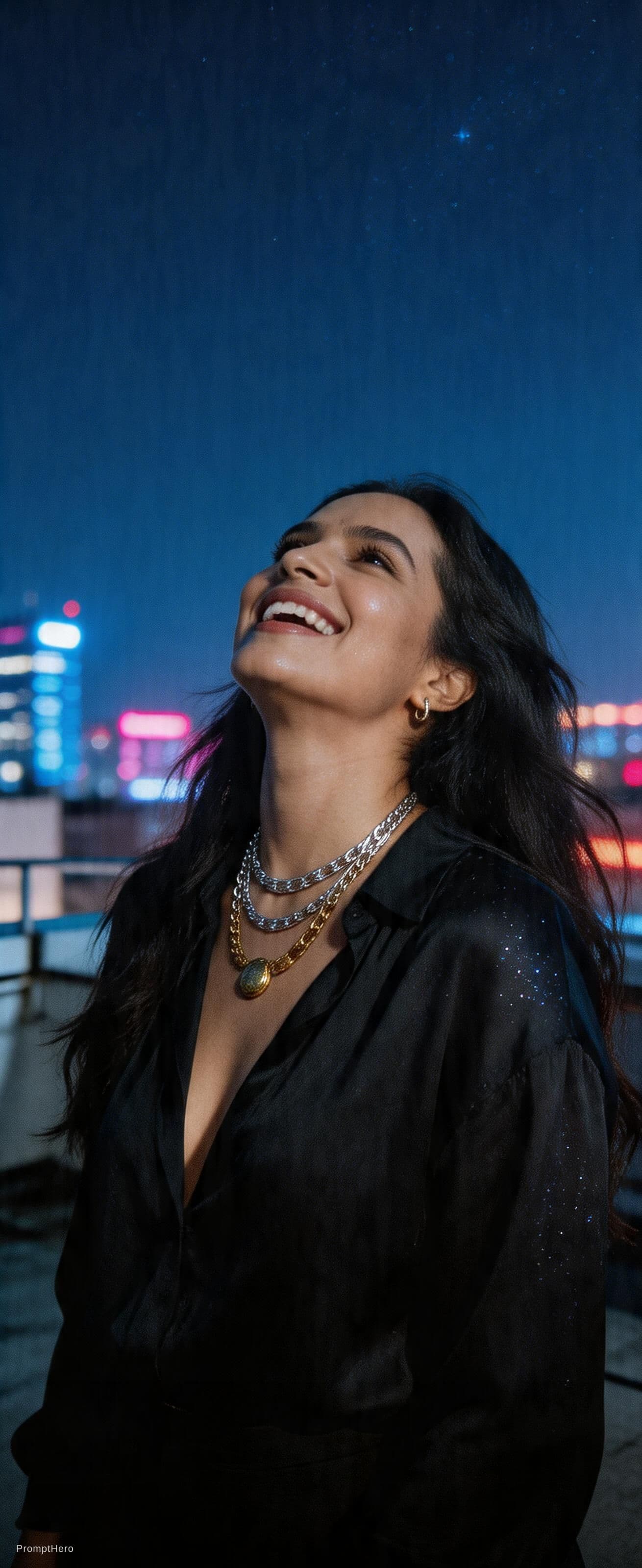 AI generated: A grainy, high-ISO rooftop documentary scene captures a tall, statuesque woman with long, dark, wind...