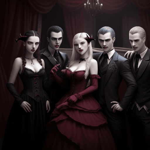 AI generated: photo with 7 vampires and in the middle there is a girl. the vampires want to dance with the girl 