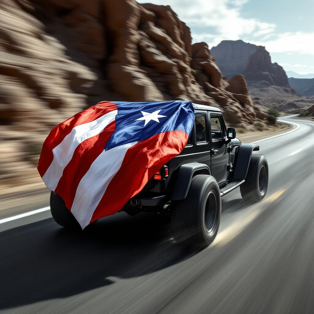 AI generated: Hyper realistic photo of a speeding 2023 Jeep Mojave color black, using the puerto rican flag as a s...
