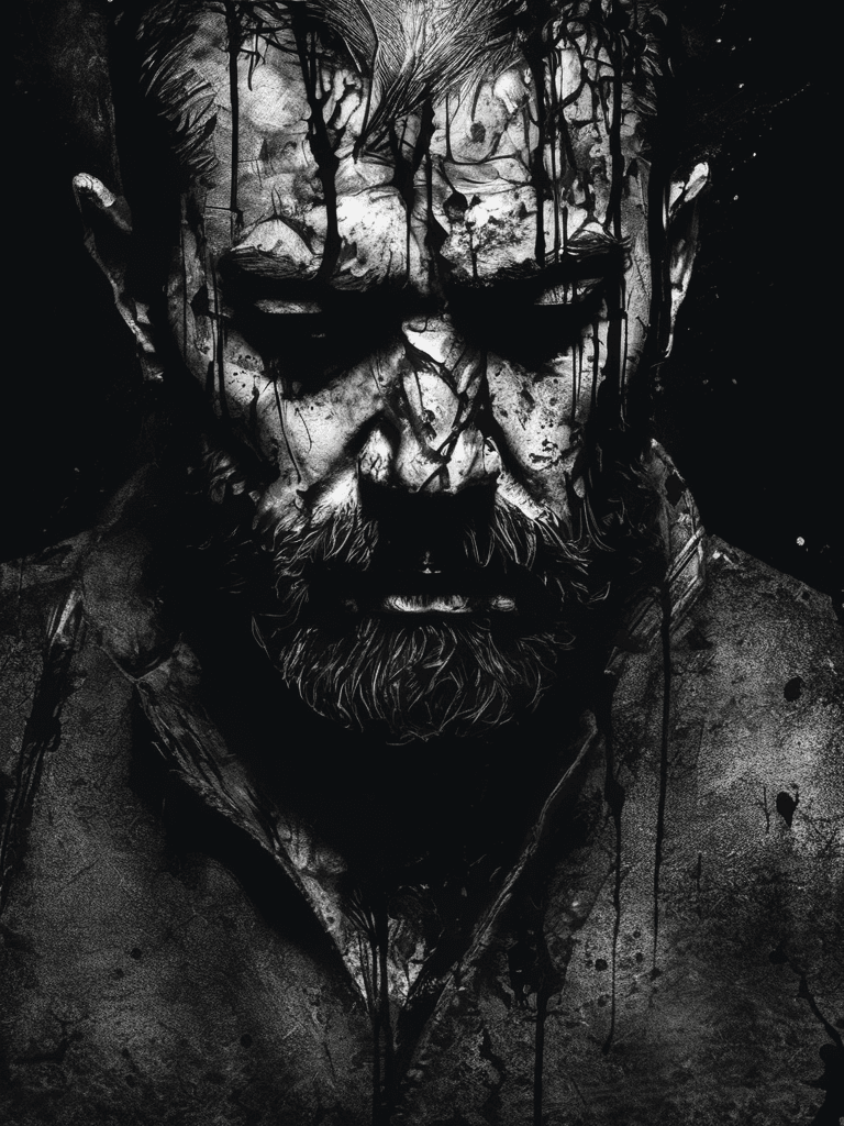 AI generated: a portrait of a brutal man, broken, absolutely alone, calm, heartbreaking brutal composition, dark, ...