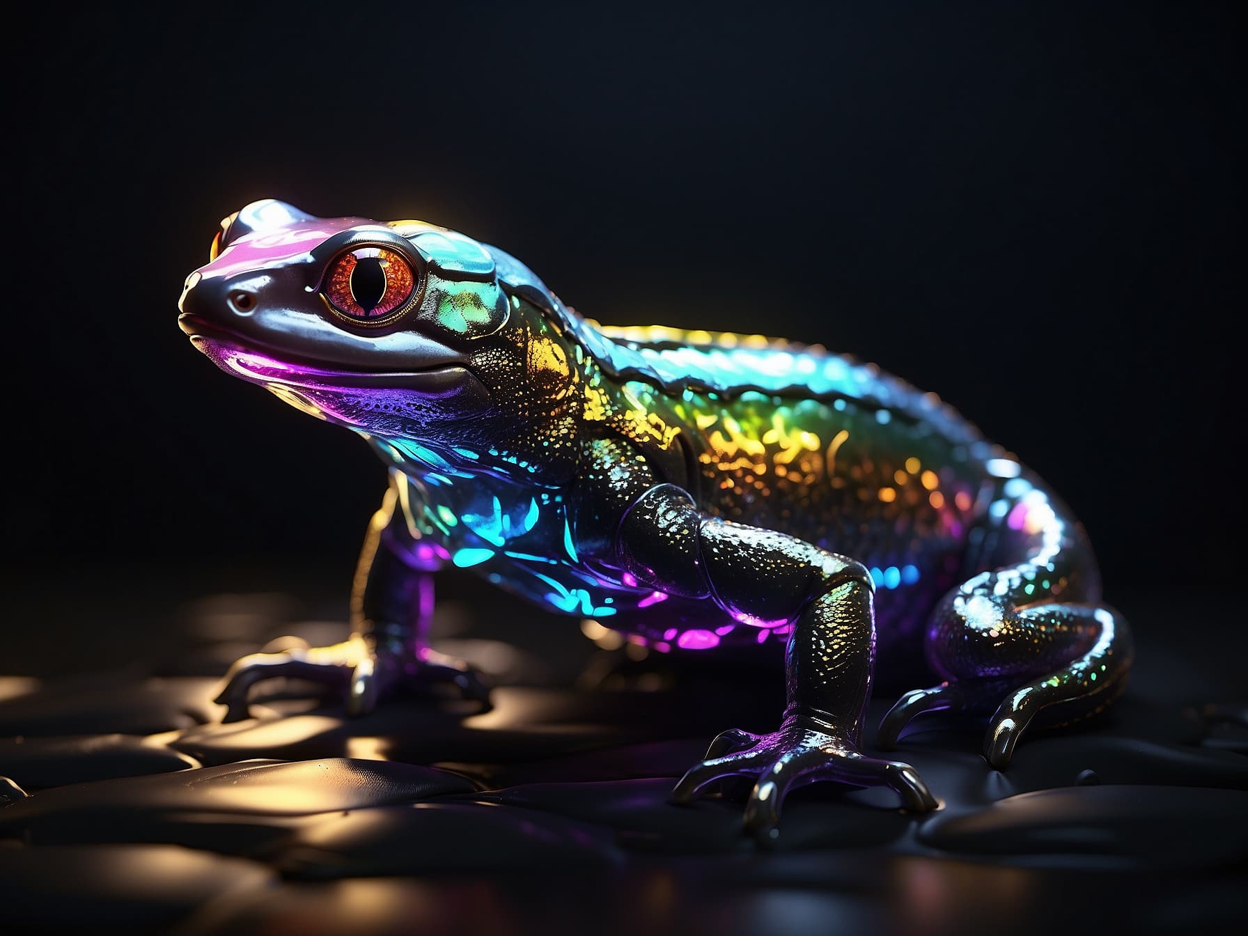 AI generated: a brightly colored frog sitting on top of a black surface, a 3D render by Grillo Demo, cgsociety, ho...