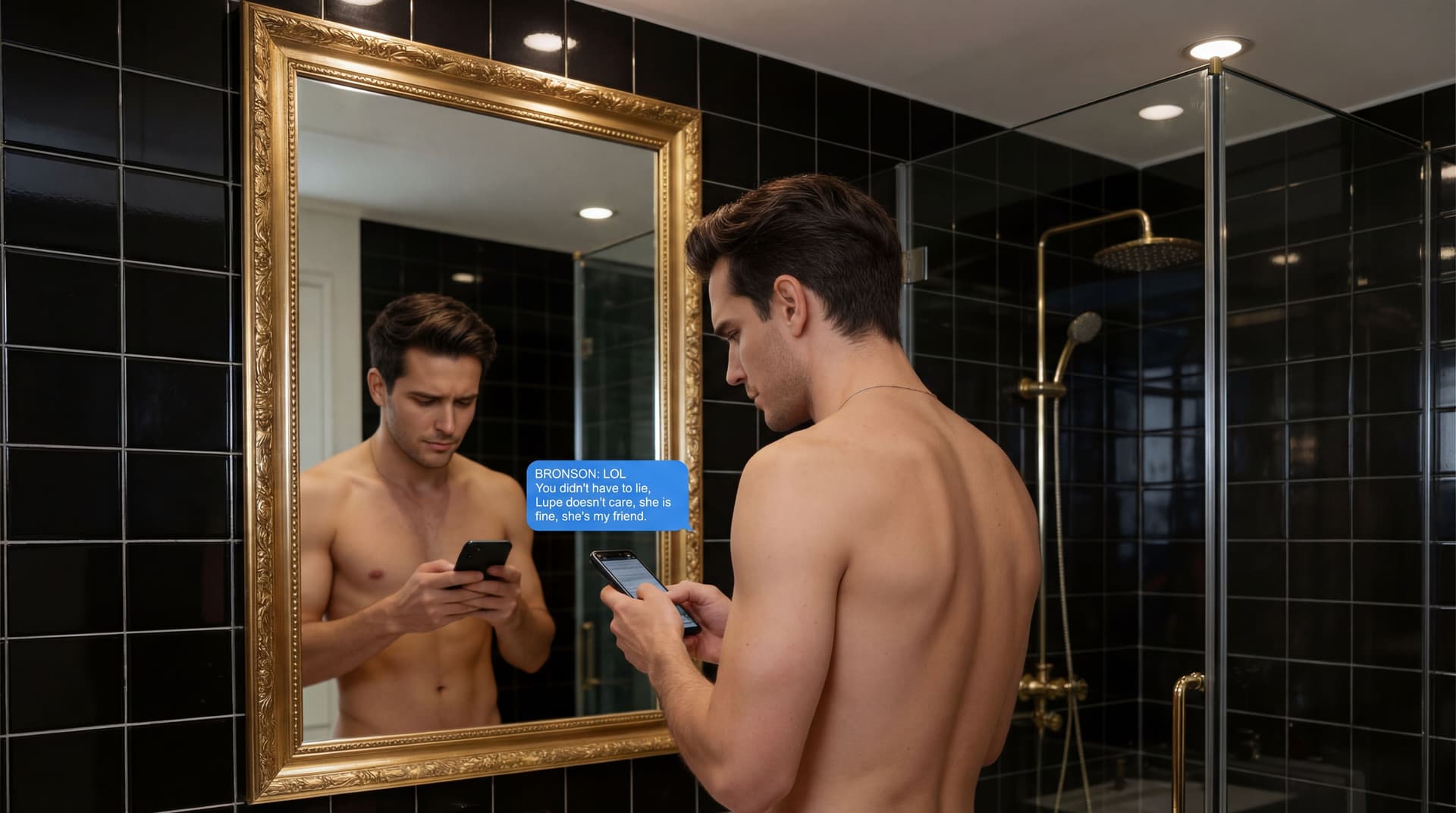AI generated: There's a text conversation on the phone screen in blue color. The text says: 

BRONSON: LOL You did...