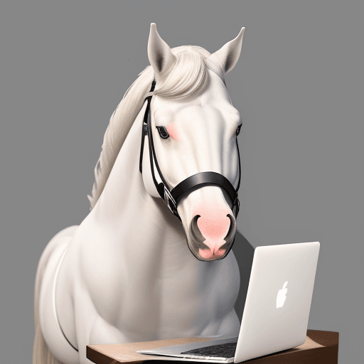 AI generated: photo of very cute horse holding laptop 
specification of horse
colour -white
eyes-big
clothes -form...