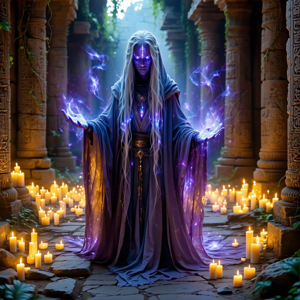 AI generated: /imagine prompt: a hyper-realistic blind seer with long flowing silver hair, pale glowing eyes, intr...