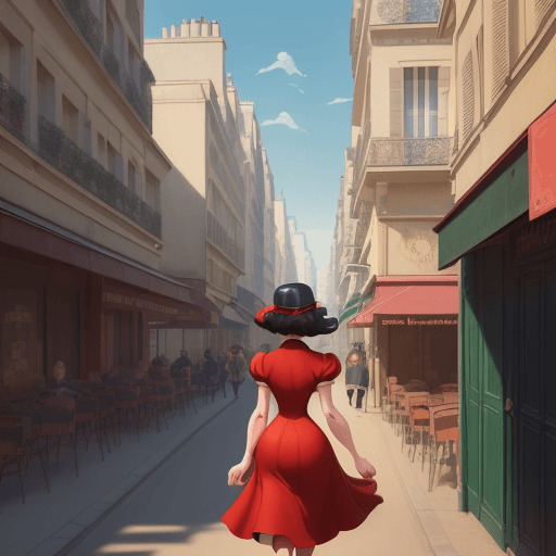 AI generated: an illustration of a girl walking down a street, in the style of disney animation, pre-world war ii ...