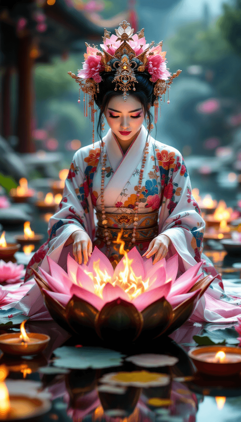 AI generated: Candid closeup photo of an eccentric traditional Japanese lotus queen, placing a lotus shaped bowl o...