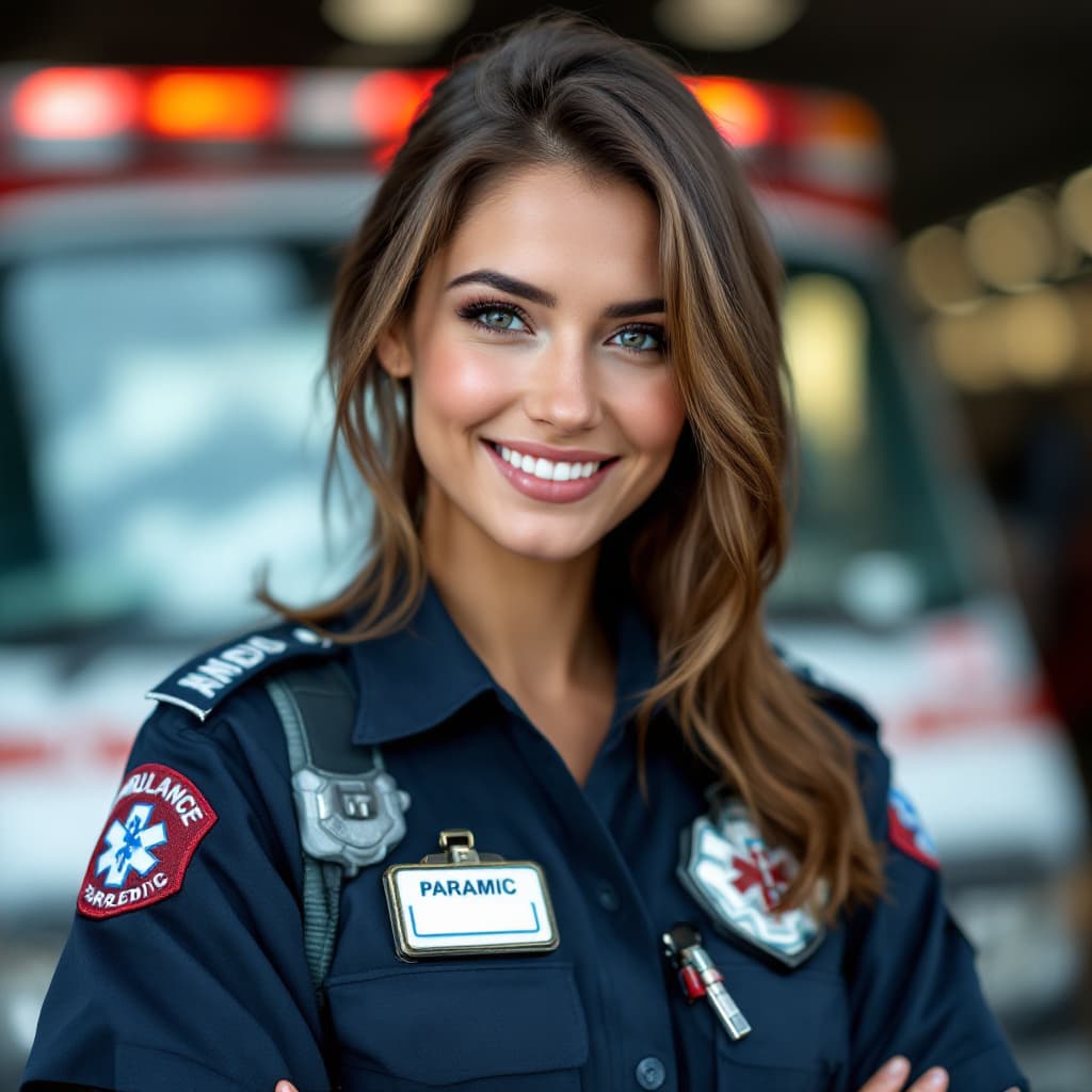 AI generated: A pretty female paramedic standing behind an ambulance, with a confident smile, including details of...