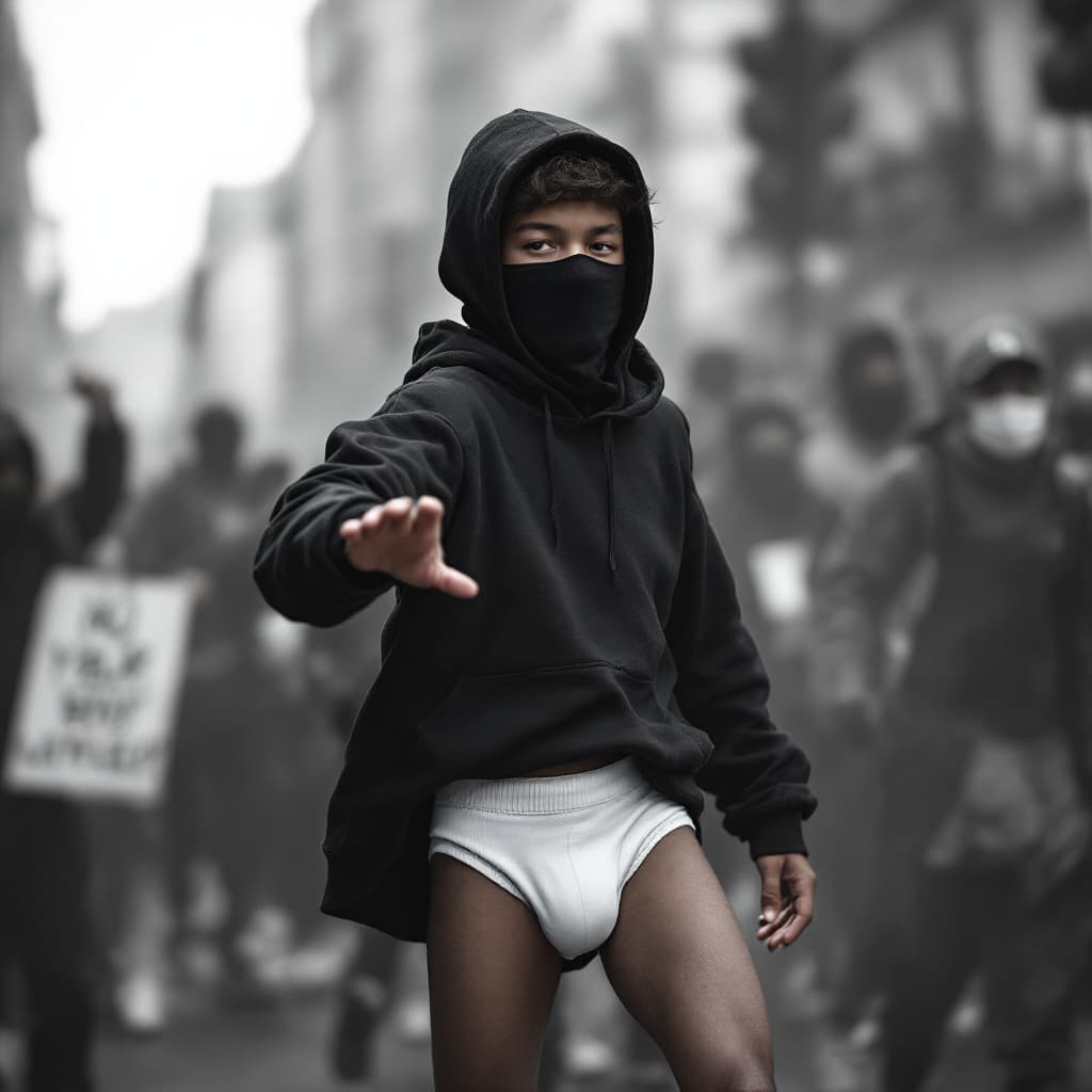 AI generated: High resolution photography of a boy, who is a black block is at a demonstration with his face cover...