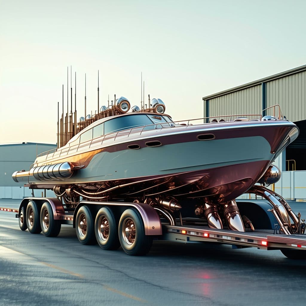 AI generated: a closeup of a retrofuturistic speed boat on a trailer being towed by a steampunk styled 6 wheeled t...