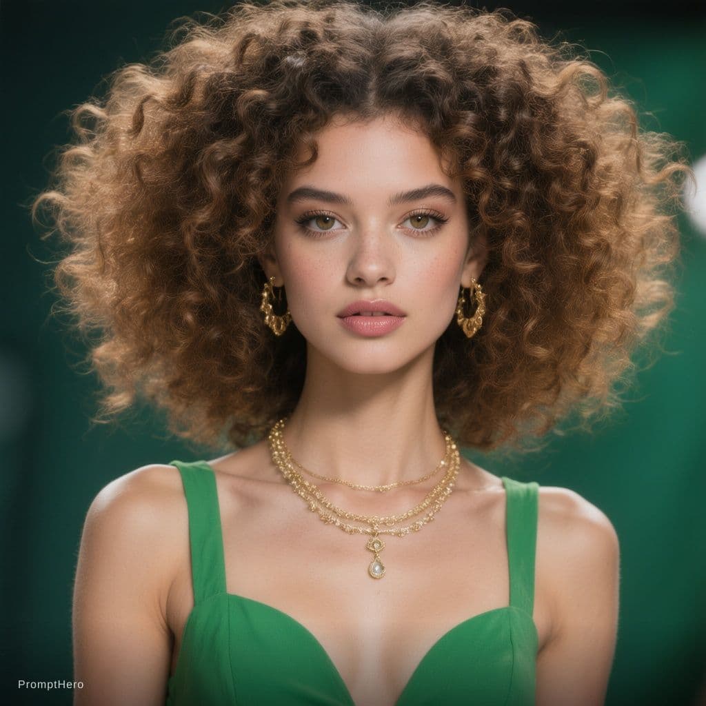 AI generated: The model is wearing a green top. She has voluminous curly hair, and the background of the scene is ...