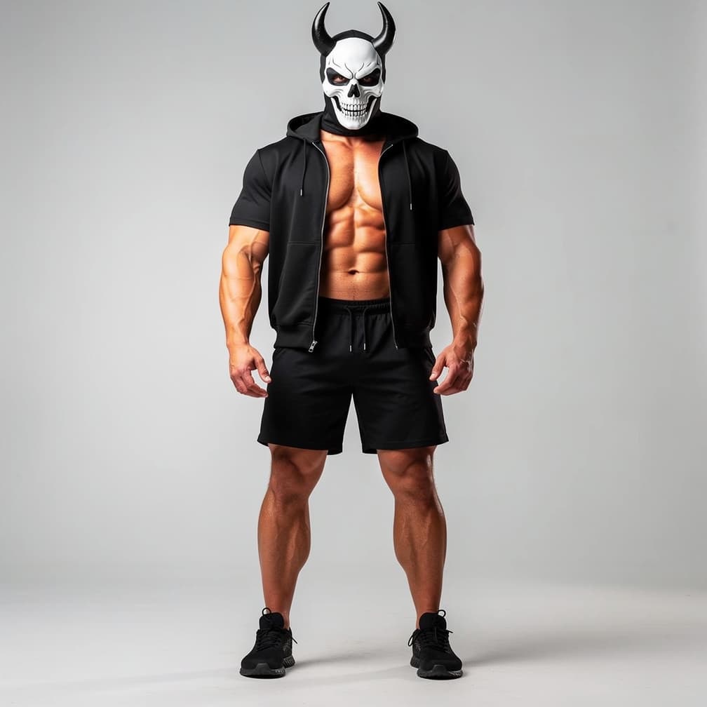 AI generated: A big muscular man wearing black short shorts and a black fully unzipped jacket with a hood that has...