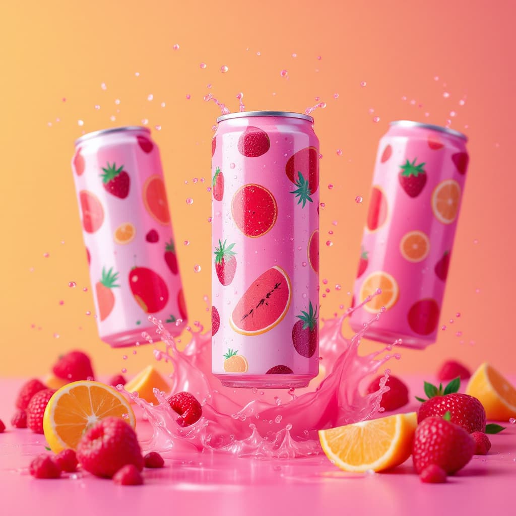 AI generated: three refreshingly cold cans positioned against a pastel yellow orange and pink sunset gradient back...