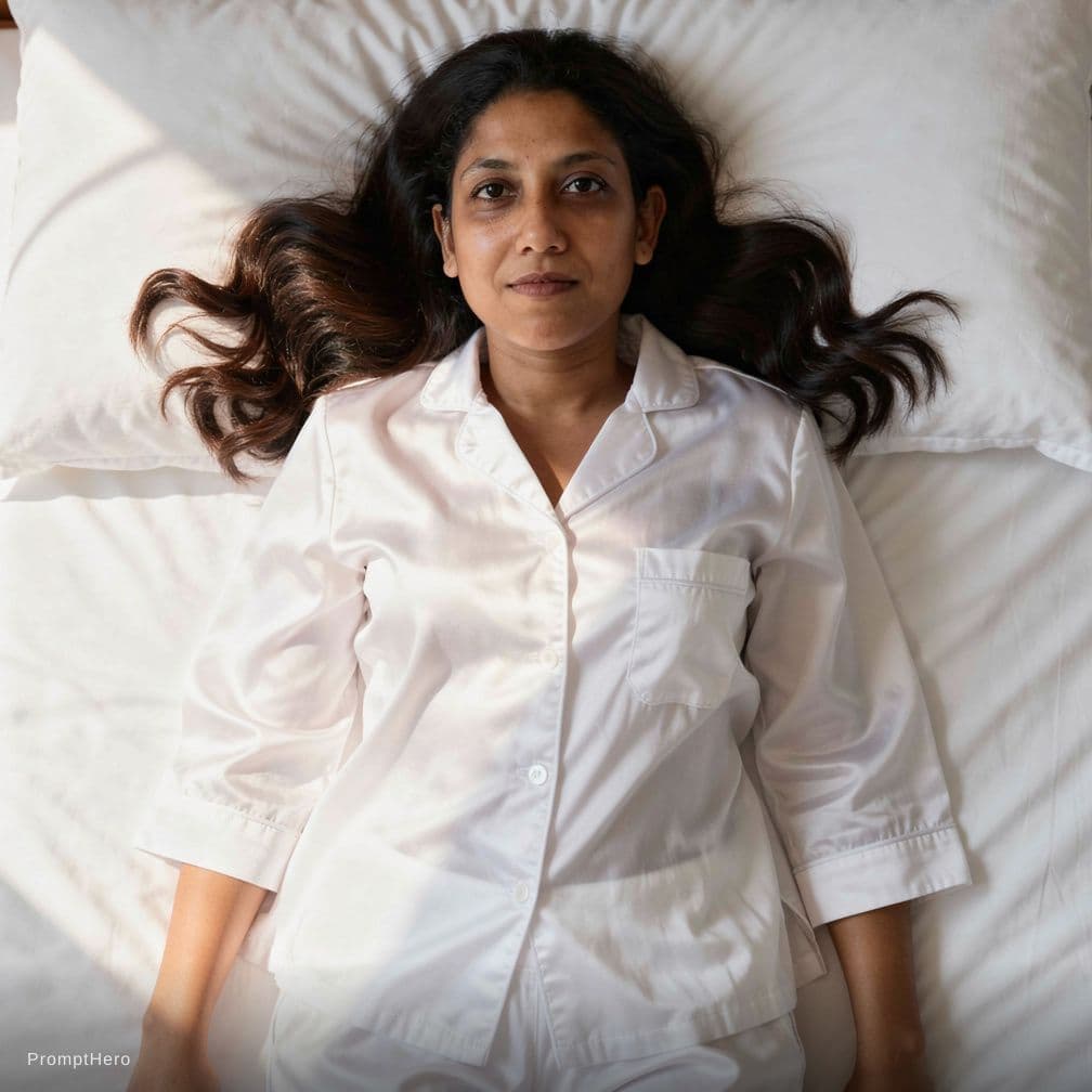 AI generated: Create a high-resolution photograph of a fit adult woman lying on her back in a bed covered with pri...