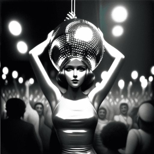 AI generated: : detailed woman (disco-ball head:1. 1) dancing in the middle of the crowd, makes dance moves, ussr ...
