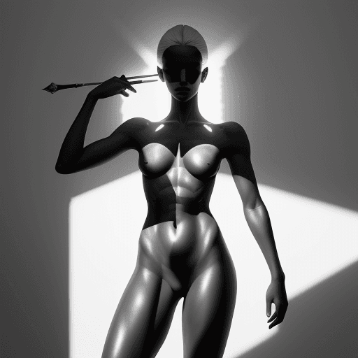 AI generated: high contrast picture of a shirtless female model with shadow in her face, with a totally white back...