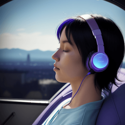 AI generated: Lofi guy side view, has headphones on, wearing headphone, comet in the blue purple sky outside, eyes...