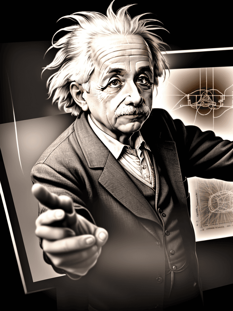 AI generated: A striking image that depicts the journey from theory to practical application. Albert Einstein is f...