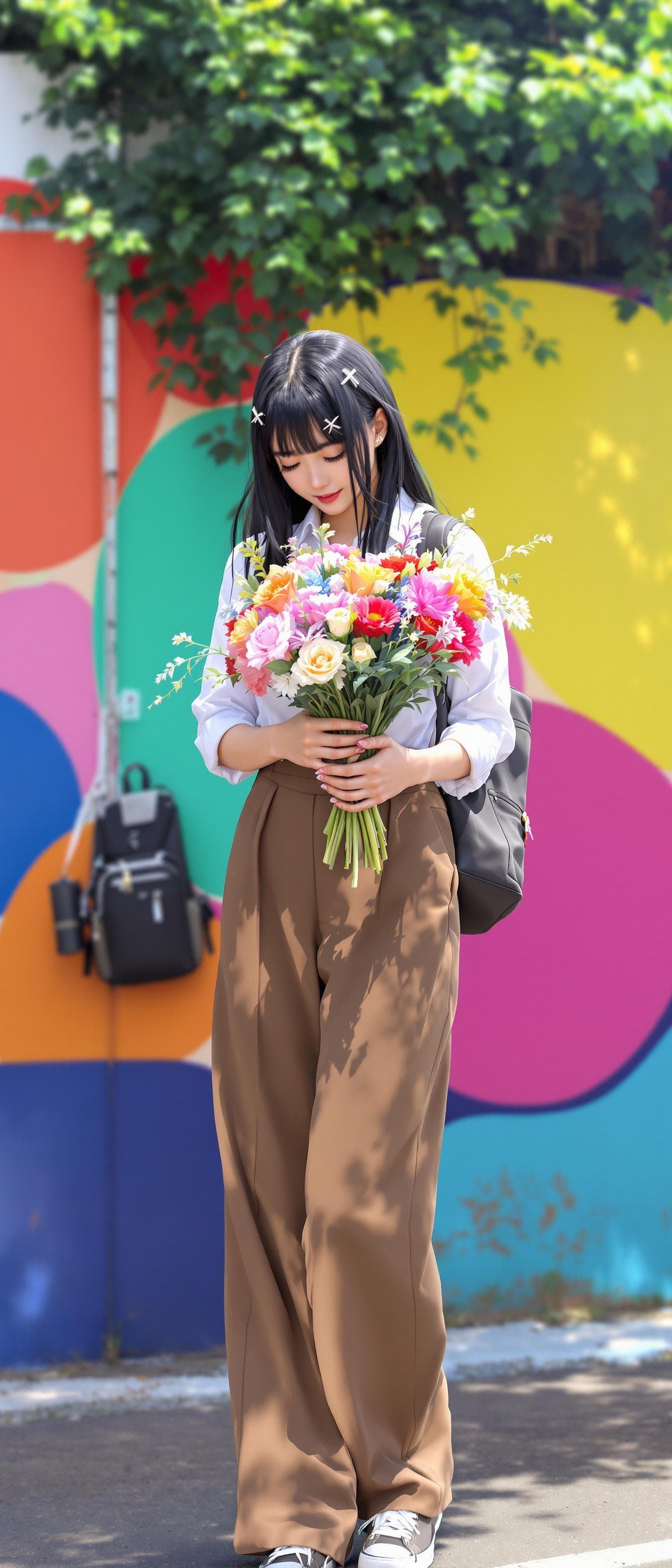 AI generated: In the image, ((full body:1.4)), anime realistic seen standing outdoors, Lowering the face to the to...