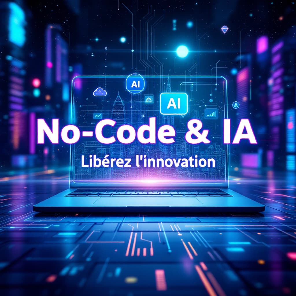 AI generated: A futuristic and vibrant thumbnail representing No-Code and AI innovation. Show a glowing laptop wit...