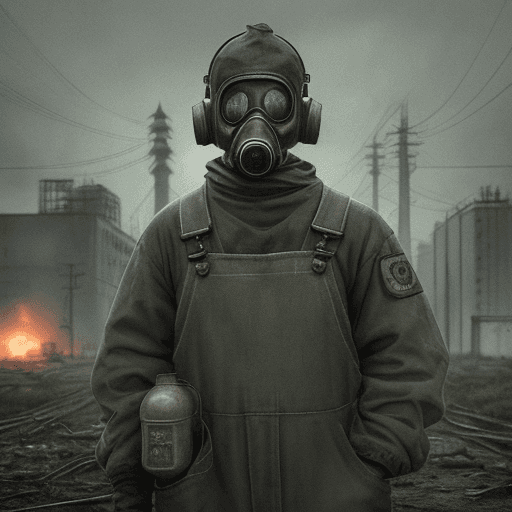 AI generated: Chernobyl nuclear power plant, gloomy atmosphere, one stalker, machine gun, gas mask, mutants around...