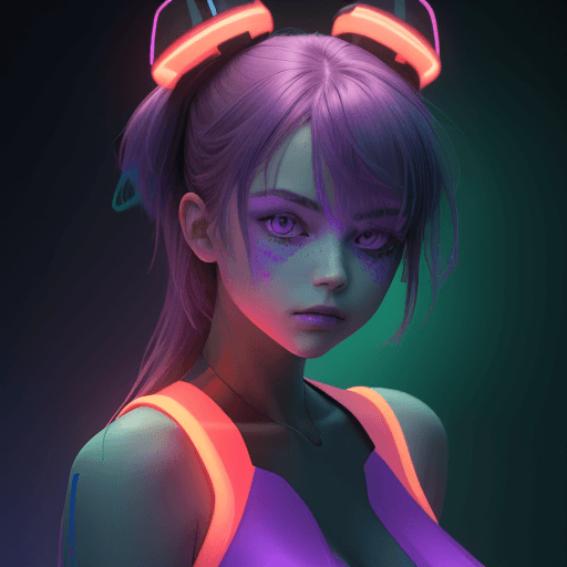 AI generated: a beautiful lightup purple girl is posing in front of her neon clothing, in the style of dark orange...