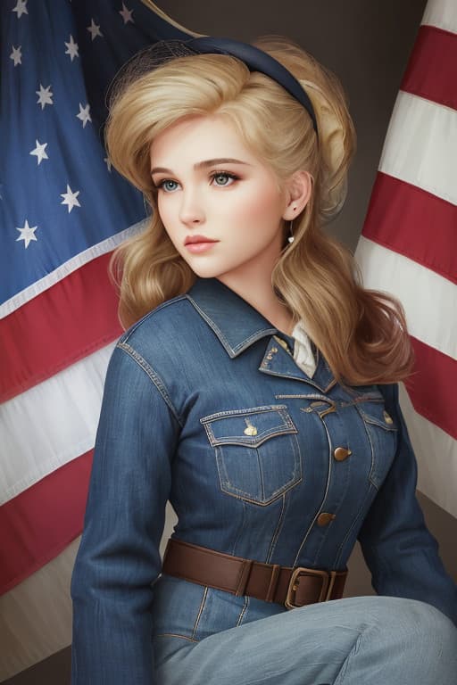 AI generated: Liberty and the American Revolution,  young white blond country female patriot, wearing jeans, with ...