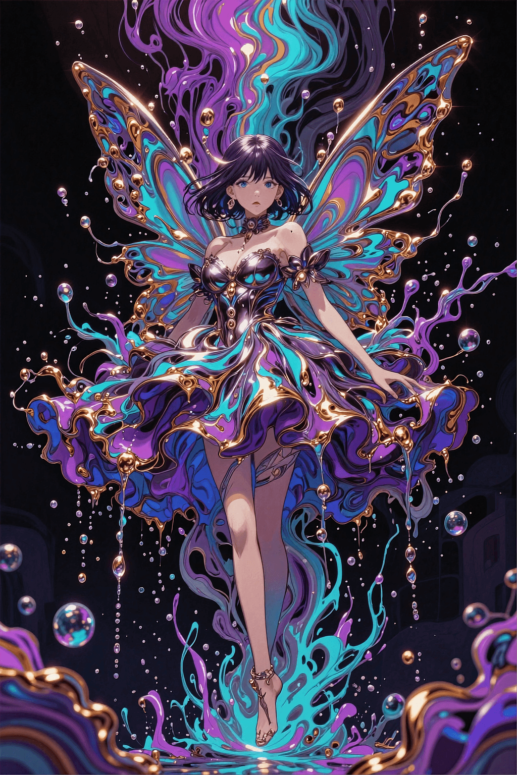 AI generated: A surreal vertical anime masterpiece of a beautiful girl with a short dark bob haircut and blue eyes...