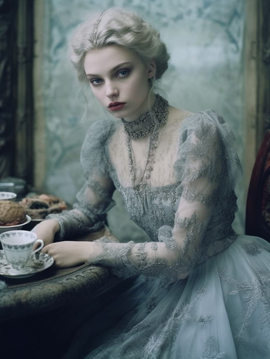 AI generated: a woman sitting at a table , by Valerie Petts, tumblr, intricate fantasy dress, blueish tones, offic...
