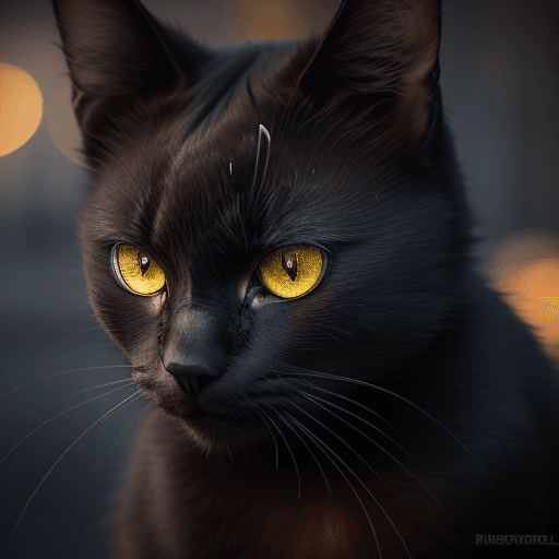 AI generated:  Portrait photo of black cat with fill of lightening colors, fierce eyes, light bokeh, intricate, (s...