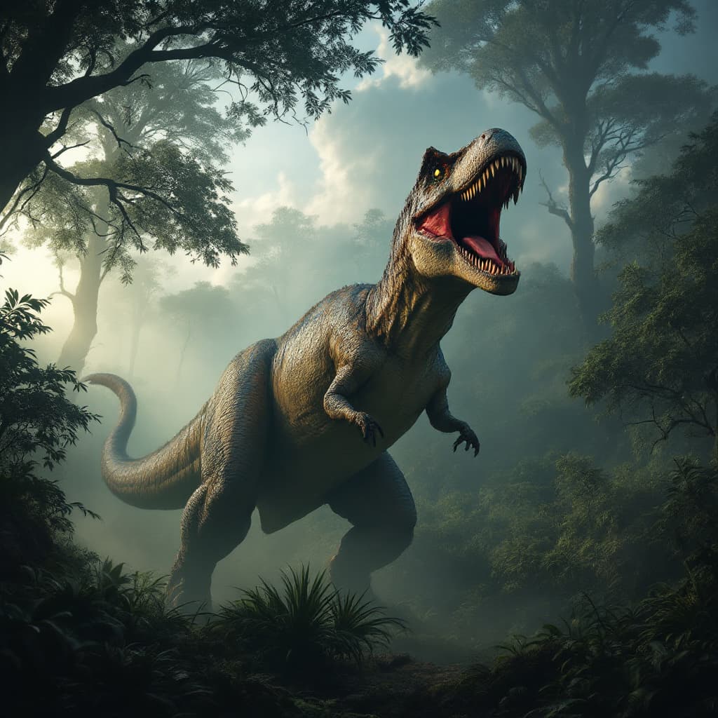 AI generated: Realistic prehistoric jungle with a roaring T-Rex, giant trees, thick fog, dramatic lighting, ultra-...