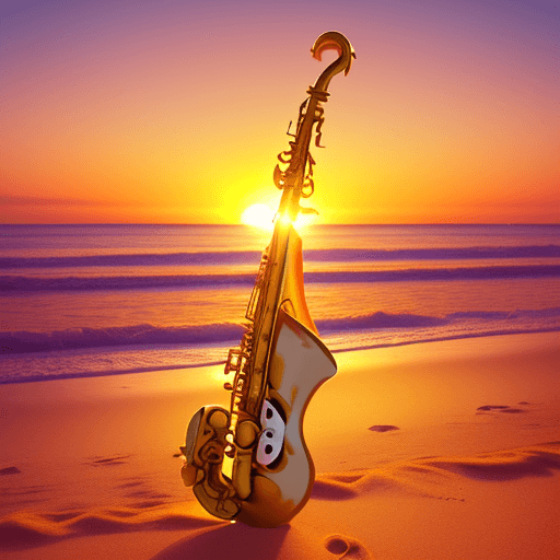 AI generated: The scene features a calm, sunny beach during a vibrant sunset with hues of orange, gold, and pink. ...