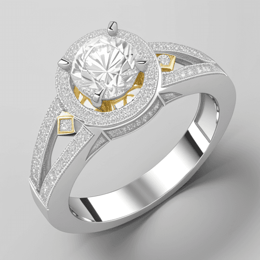 AI generated: create a Diamond Ring in modern clean design having silver and gold diamonds , 8k
