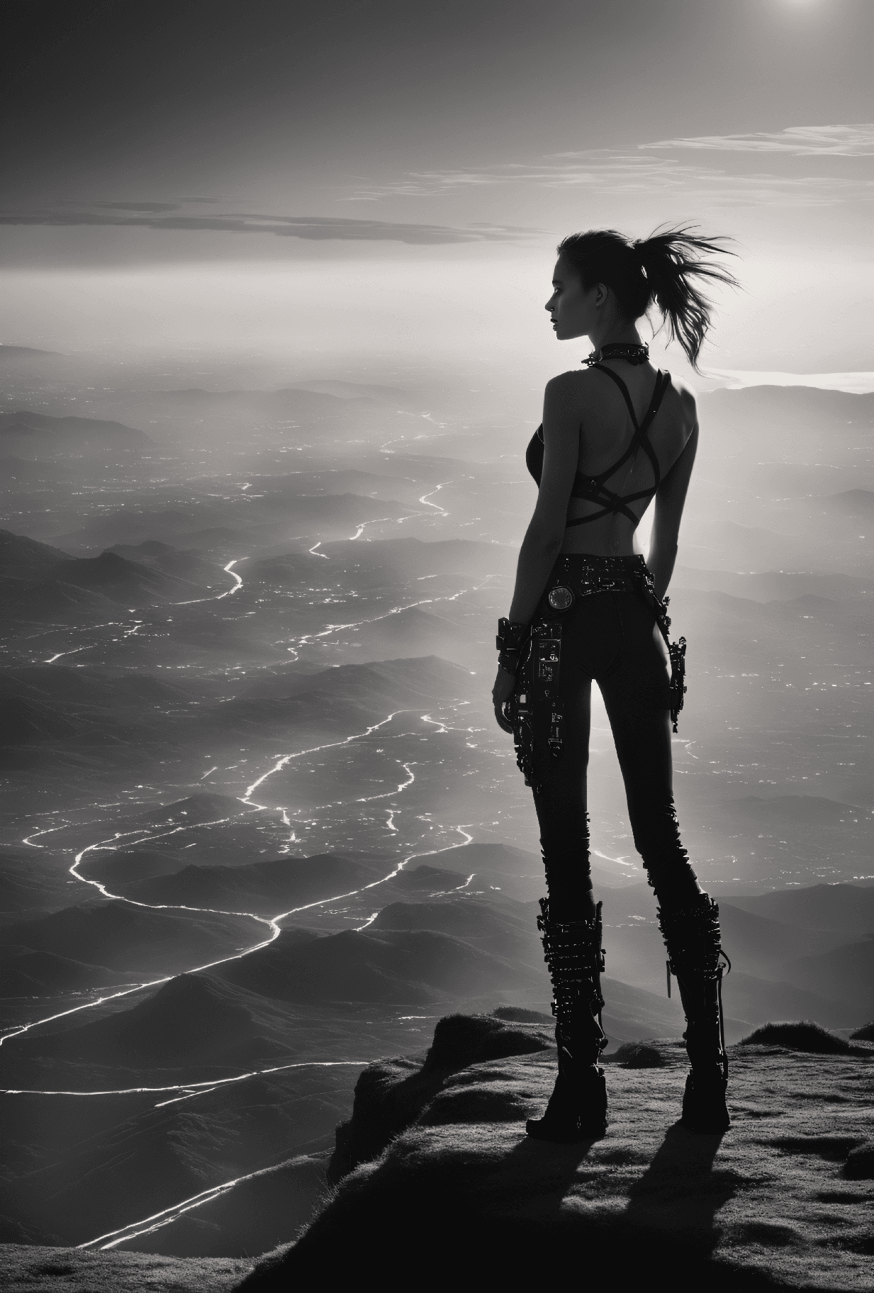 AI generated: dreamscape photograph, hyper detailed, Aerial View of a (young woman, very thin, small breasts, abs,...