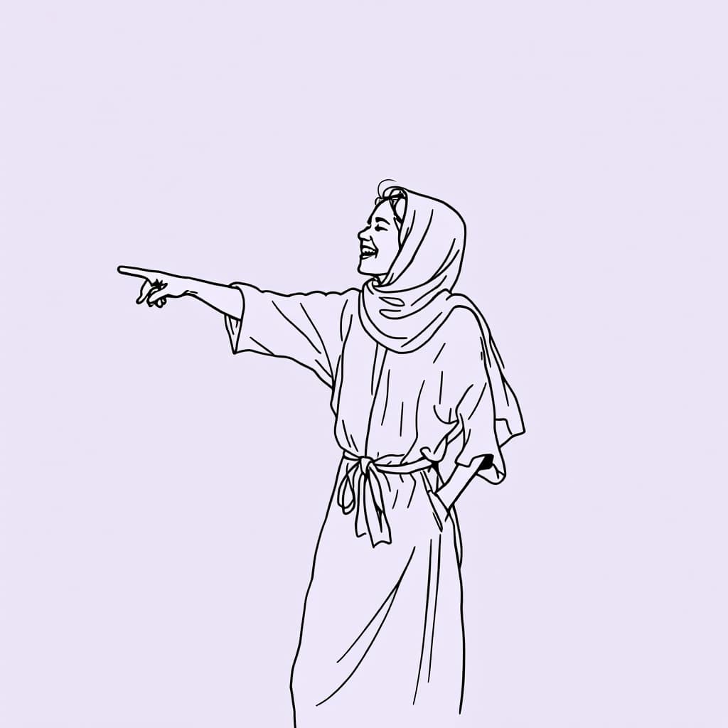 AI generated: minimalist line art drawing of an Iranian woman, wearing scarf , happy and joyful, she is laghing an...