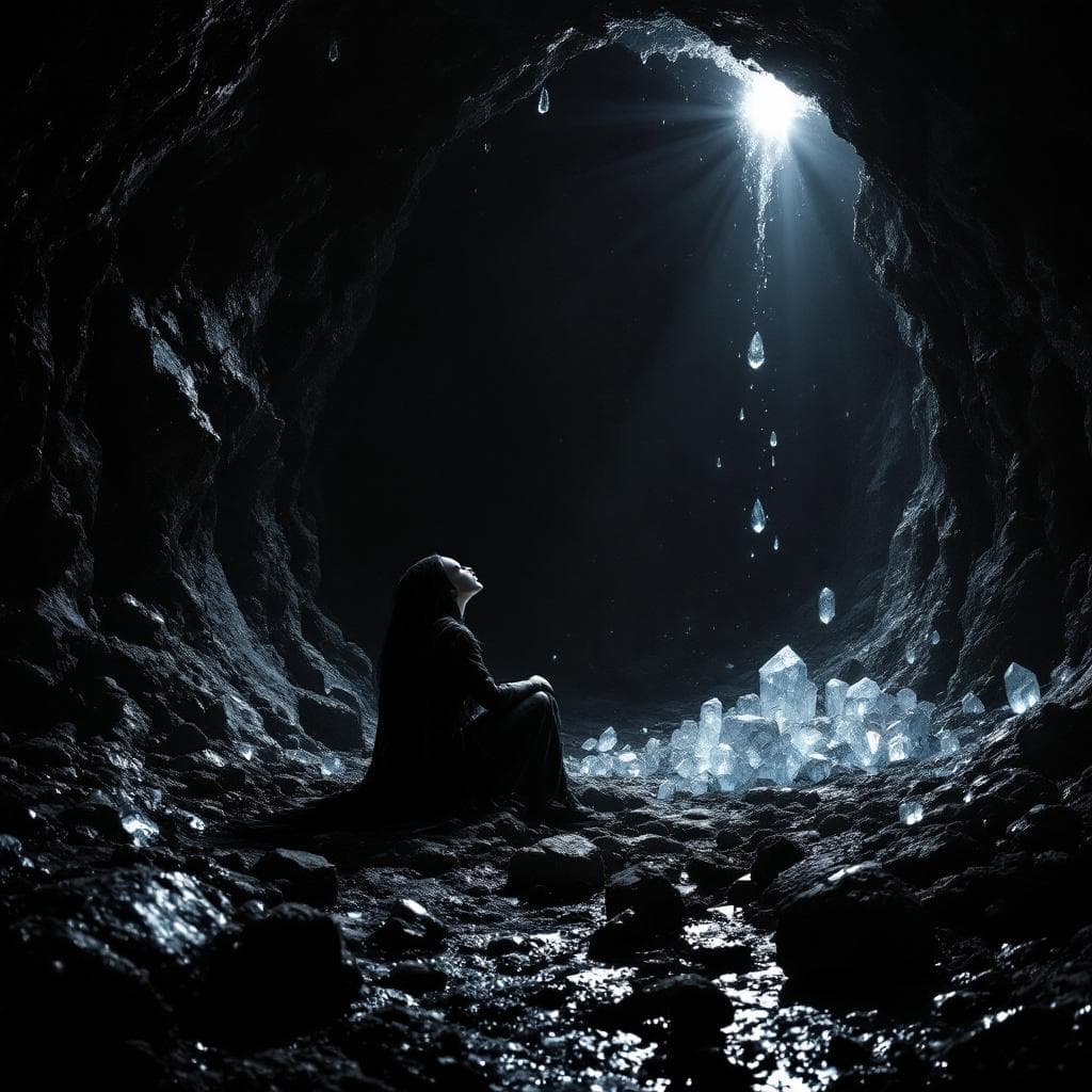 AI generated: photographic, ultrarealistic, ubsurdres, a pitch black cavern, with crystals like teardrops in mid  ...