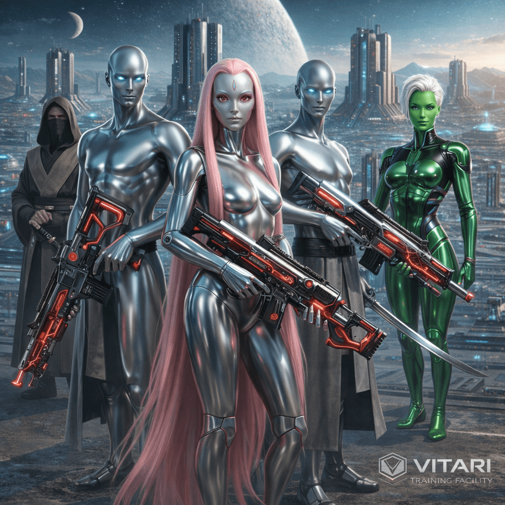 AI generated: Create an image of Vitari Characters in reference images one, two, and three, Standing, posing, with...