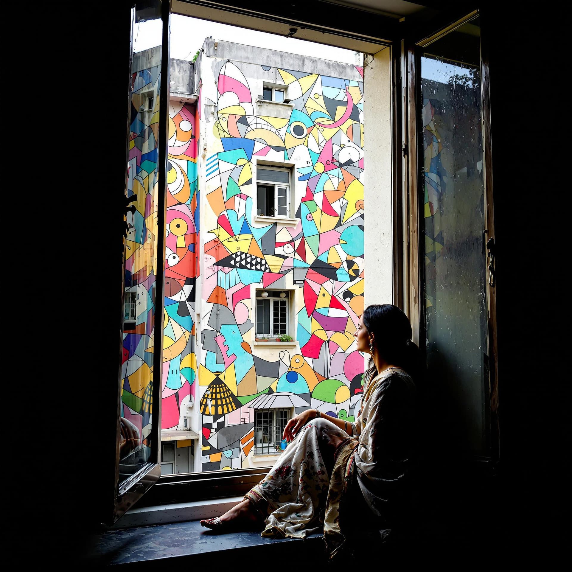 AI generated: a tall open window with a view of a building with a colorful abstract mural, a Indian woman, from th...