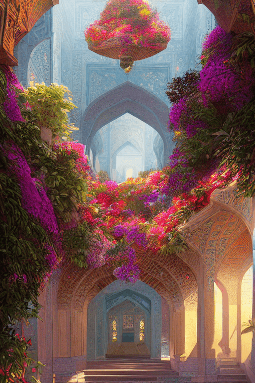 AI generated: Persian architecture, temple volume atrium light, hanging gardens, vibrant flowers, architecture in ...